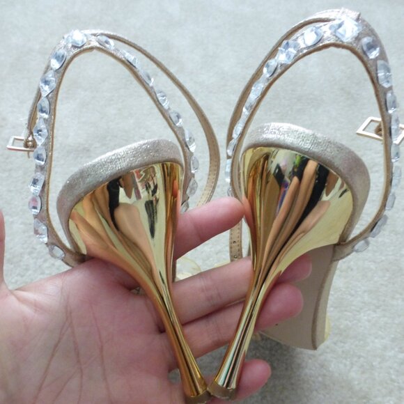 JESSICA SIMPSON shimmery gold single strap heels with crystal bead accets - Picture 4 of 11